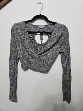 Gray Ribbed Cropped Long Sleeve Top